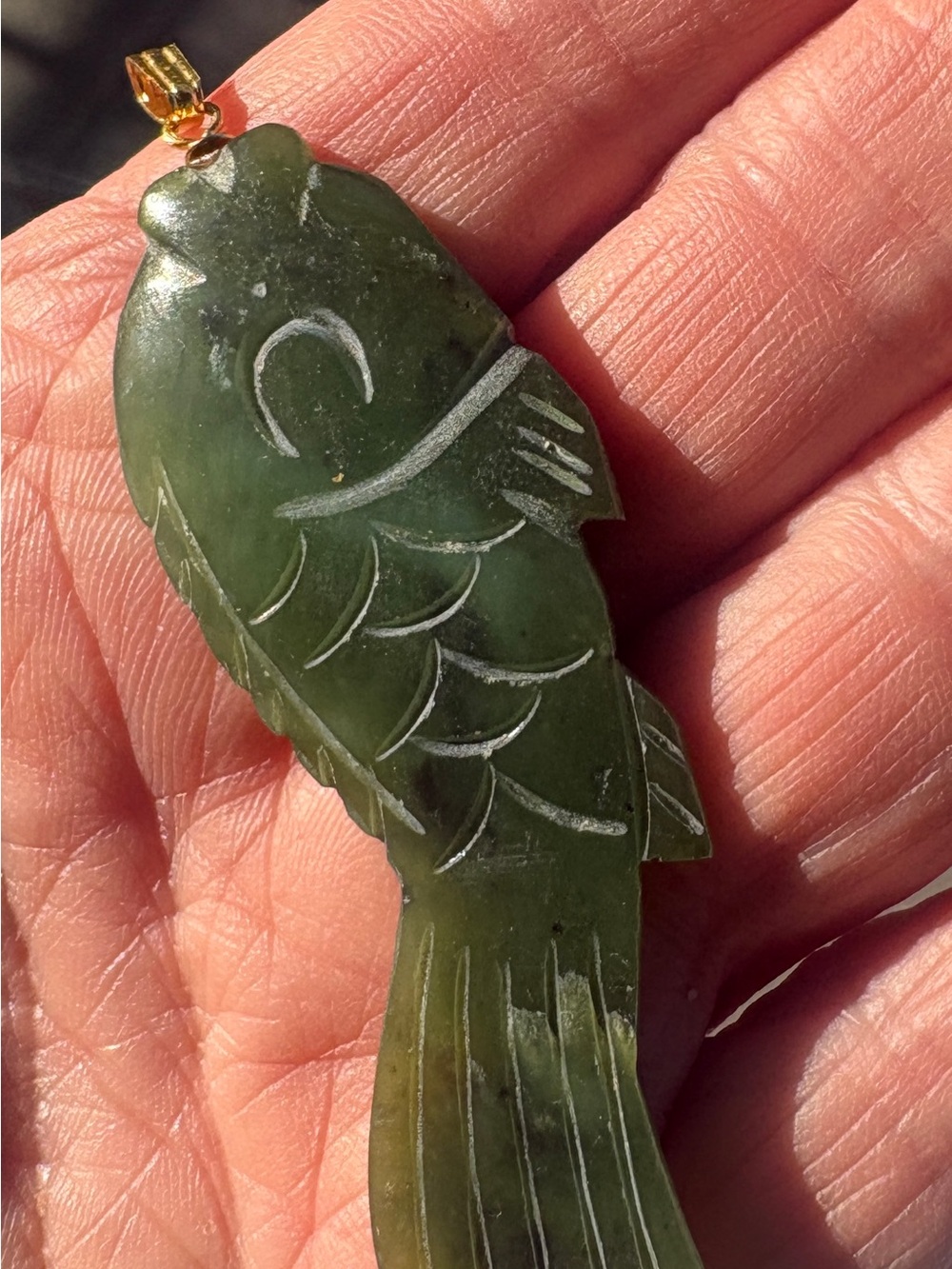 Green Jade Fish Pendant Carved Stone Nephrite Serpentine Vintage 3”